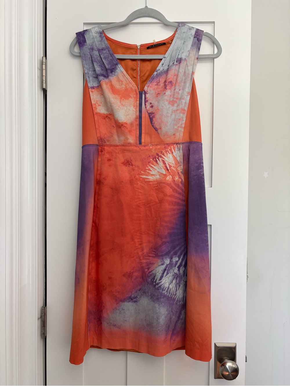 Elie Tahari Orange and Purple V-Neck Sleeveless Mini Dress